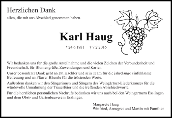 Traueranzeige von Karl Haug von Eßlinger Zeitung/Cannstatter Zeitung