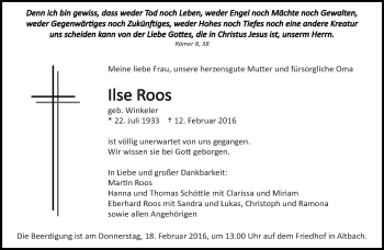 Traueranzeige von Ilse Roos von Eßlinger Zeitung/Cannstatter Zeitung