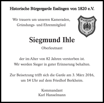 Traueranzeige von Siegmund Ihle von Eßlinger Zeitung/Cannstatter Zeitung