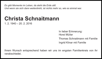 Traueranzeige von Christa Schnaitmann von Eßlinger Zeitung/Cannstatter Zeitung