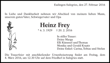 Traueranzeige von Heinz Frey von Eßlinger Zeitung/Cannstatter Zeitung