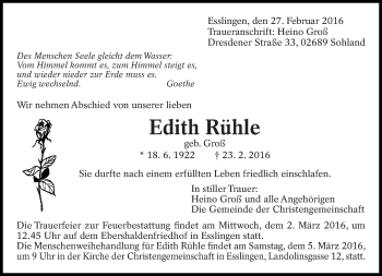 Traueranzeige von Edith Rühle von Eßlinger Zeitung/Cannstatter Zeitung