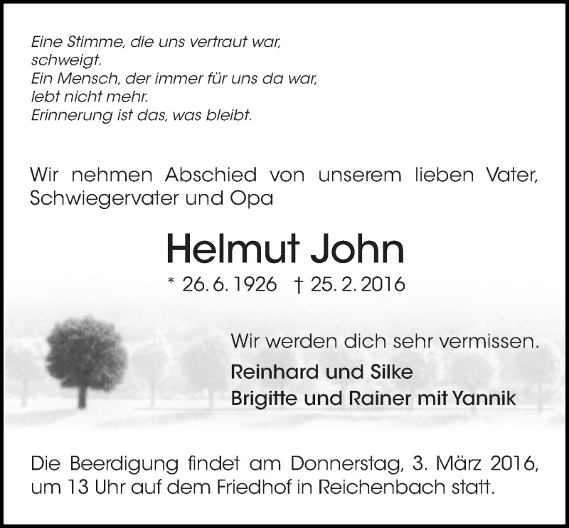  Traueranzeige für Helmut John vom 29.02.2016 aus Eßlinger Zeitung/Cannstatter Zeitung