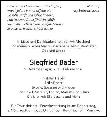 Traueranzeige von Siegfried Bader von Eßlinger Zeitung/Cannstatter Zeitung