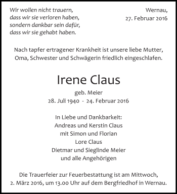 Traueranzeige von Irene Claus von Eßlinger Zeitung/Cannstatter Zeitung