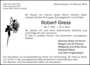 Traueranzeige von Robert Gress von Eßlinger Zeitung/Cannstatter Zeitung