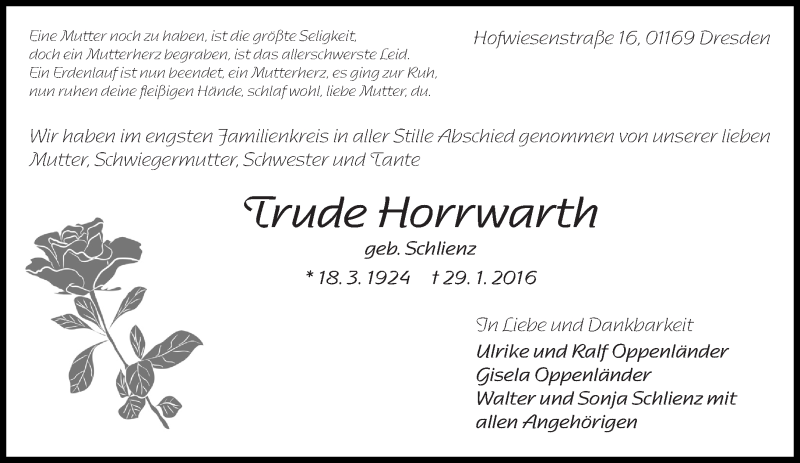  Traueranzeige für Trude Horrwarth vom 19.03.2016 aus Eßlinger Zeitung/Cannstatter Zeitung