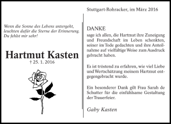 Traueranzeige von Hartmut Kasten von Eßlinger Zeitung/Cannstatter Zeitung