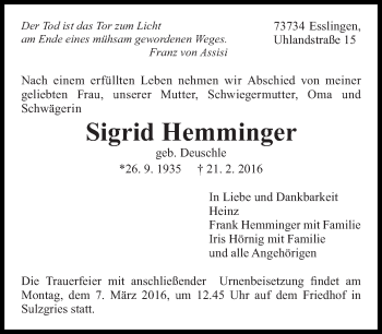 Traueranzeige von Sigrid Hemminger von Eßlinger Zeitung/Cannstatter Zeitung