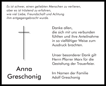Traueranzeige von Anna Greschonig von Eßlinger Zeitung/Cannstatter Zeitung