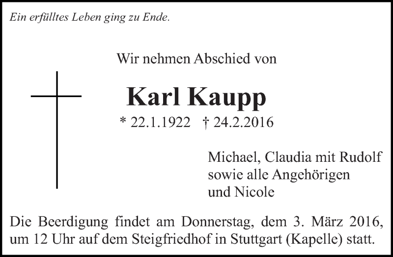  Traueranzeige für Karl Kaupp vom 02.03.2016 aus Eßlinger Zeitung/Cannstatter Zeitung