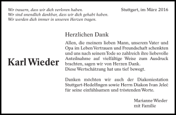 Traueranzeige von Karl Wieder von Eßlinger Zeitung/Cannstatter Zeitung