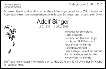 Traueranzeige von Adolf Singer von Eßlinger Zeitung/Cannstatter Zeitung