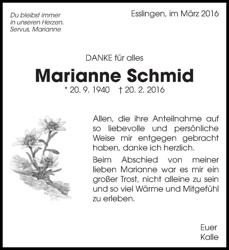  Traueranzeige für Marianne Schmid vom 12.03.2016 aus Eßlinger Zeitung/Cannstatter Zeitung