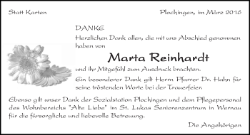Traueranzeige von Marta Reinhardt von Eßlinger Zeitung/Cannstatter Zeitung
