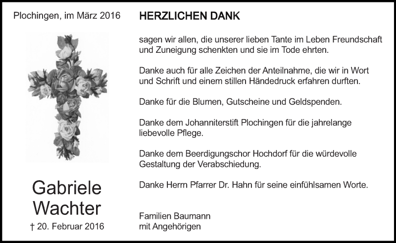  Traueranzeige für Gabriele Wachter vom 24.03.2016 aus Eßlinger Zeitung/Cannstatter Zeitung