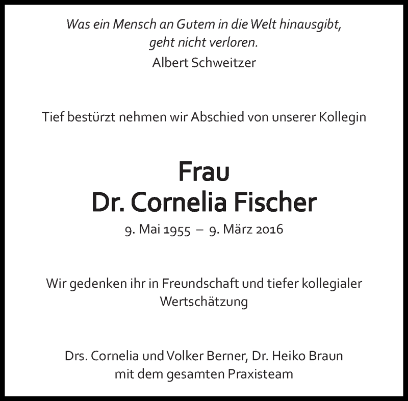  Traueranzeige für Cornelia Fischer vom 14.03.2016 aus Eßlinger Zeitung/Cannstatter Zeitung
