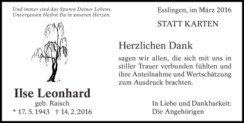 Traueranzeige von Ilse Leonhard von Eßlinger Zeitung/Cannstatter Zeitung