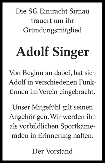Traueranzeige von Adolf Singer von Eßlinger Zeitung/Cannstatter Zeitung