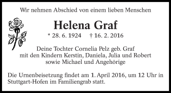 Traueranzeige von Helena Graf von Eßlinger Zeitung/Cannstatter Zeitung