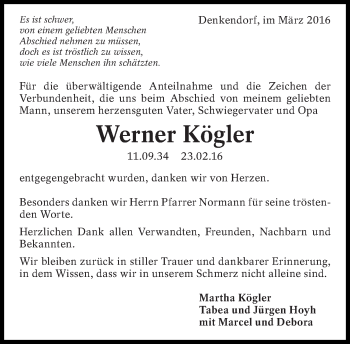 Traueranzeige von Werner Kögler von Eßlinger Zeitung/Cannstatter Zeitung