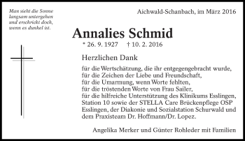 Traueranzeige von Annalies Schmid von Eßlinger Zeitung/Cannstatter Zeitung