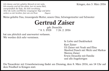 Traueranzeige von Gertrud Zaiser von Eßlinger Zeitung/Cannstatter Zeitung