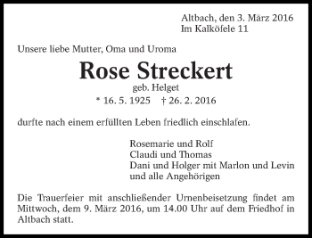 Traueranzeige von Rose Streckert von Eßlinger Zeitung/Cannstatter Zeitung