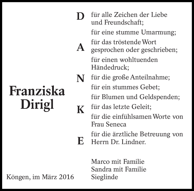  Traueranzeige für Franziska Dirigl vom 19.03.2016 aus Eßlinger Zeitung/Cannstatter Zeitung