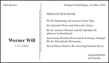 Traueranzeige von Werner Will von Eßlinger Zeitung/Cannstatter Zeitung