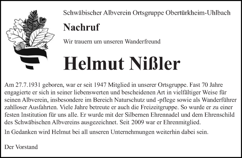  Traueranzeige für Helmut Nißler vom 12.03.2016 aus Eßlinger Zeitung/Cannstatter Zeitung