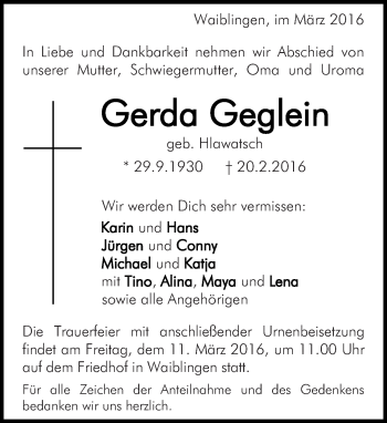 Traueranzeige von Gerda Geglein von Eßlinger Zeitung/Cannstatter Zeitung