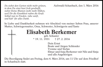 Traueranzeige von Elisabeth Berkemer von Eßlinger Zeitung/Cannstatter Zeitung