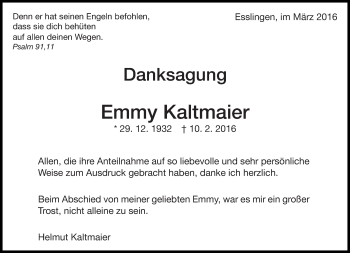 Traueranzeige von Emmy Kaltmaier von Eßlinger Zeitung/Cannstatter Zeitung