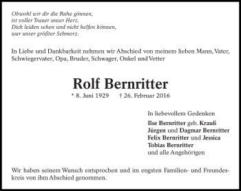 Traueranzeige von Rolf Bernritter von Eßlinger Zeitung/Cannstatter Zeitung