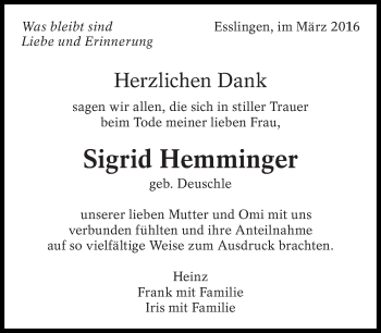 Traueranzeige von Sigrid Hemminger von Eßlinger Zeitung/Cannstatter Zeitung