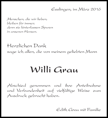 Traueranzeige von Willi Grau von Eßlinger Zeitung/Cannstatter Zeitung