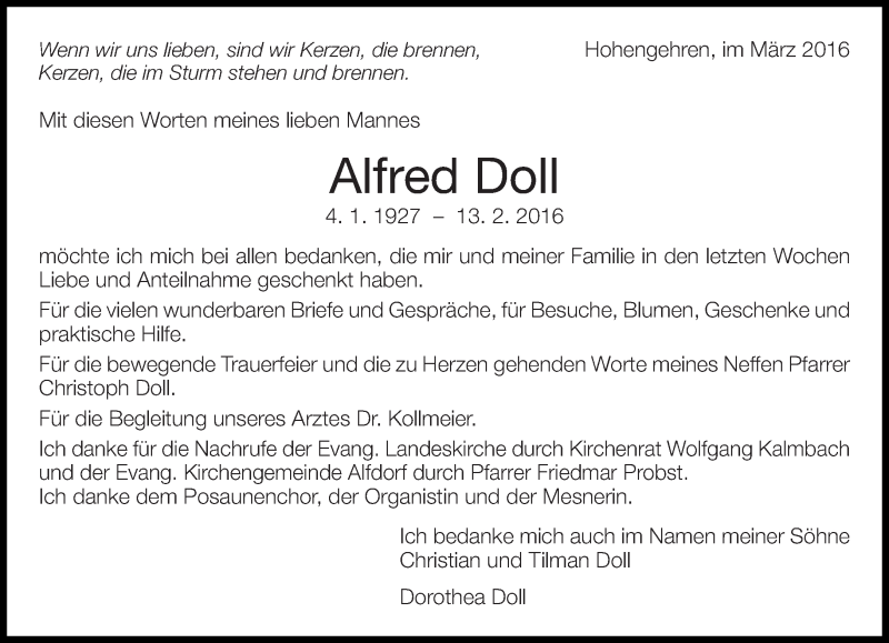  Traueranzeige für Alfred Doll vom 05.03.2016 aus Eßlinger Zeitung/Cannstatter Zeitung
