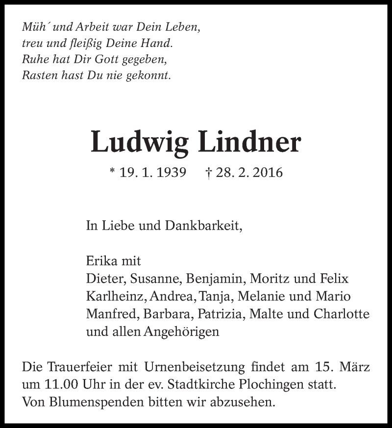  Traueranzeige für Ludwig Lindner vom 12.03.2016 aus Eßlinger Zeitung/Cannstatter Zeitung