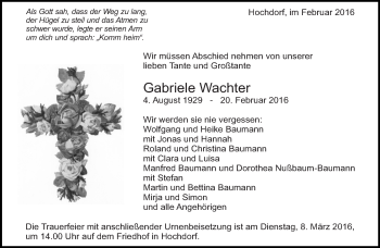 Traueranzeige von Gabriele Wachter von Eßlinger Zeitung/Cannstatter Zeitung
