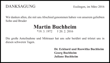 Traueranzeige von Martin Buchheim von Eßlinger Zeitung/Cannstatter Zeitung