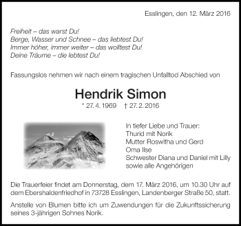 Traueranzeige von Hendrik Simon von Eßlinger Zeitung/Cannstatter Zeitung