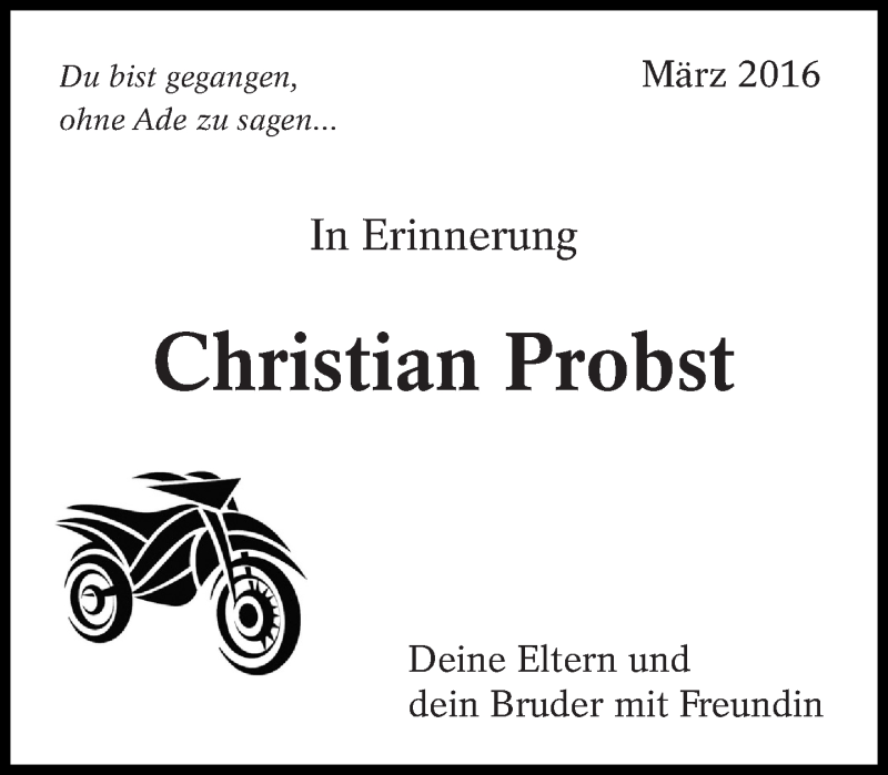  Traueranzeige für Christian Probst vom 22.03.2016 aus Eßlinger Zeitung/Cannstatter Zeitung