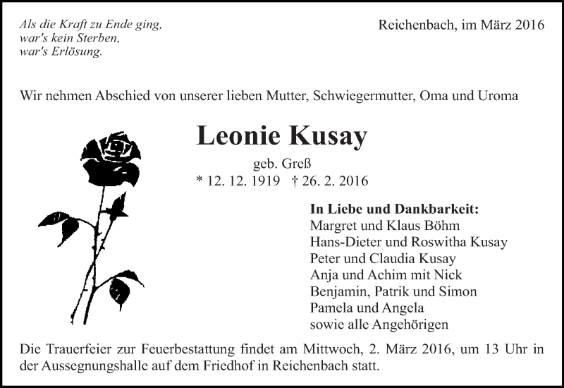  Traueranzeige für Leonie Kusay vom 01.03.2016 aus Eßlinger Zeitung/Cannstatter Zeitung