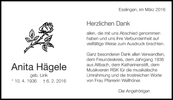 Traueranzeige von Anita Hägele von Eßlinger Zeitung/Cannstatter Zeitung