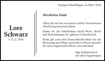 Traueranzeige von Lore Schwarz von Eßlinger Zeitung/Cannstatter Zeitung