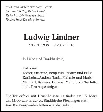 Traueranzeige von Ludwig Lindner von Eßlinger Zeitung/Cannstatter Zeitung