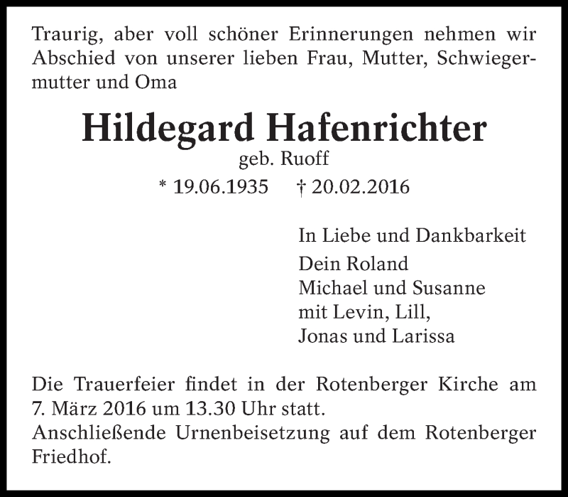  Traueranzeige für Hildegard Hafenrichter vom 02.03.2016 aus Eßlinger Zeitung/Cannstatter Zeitung
