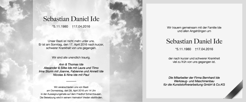  Traueranzeige für Sebastian Daniel Ide vom 21.04.2016 aus Eßlinger Zeitung/Cannstatter Zeitung