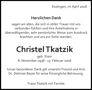 Traueranzeige von Christel Tkatzik von Eßlinger Zeitung/Cannstatter Zeitung
